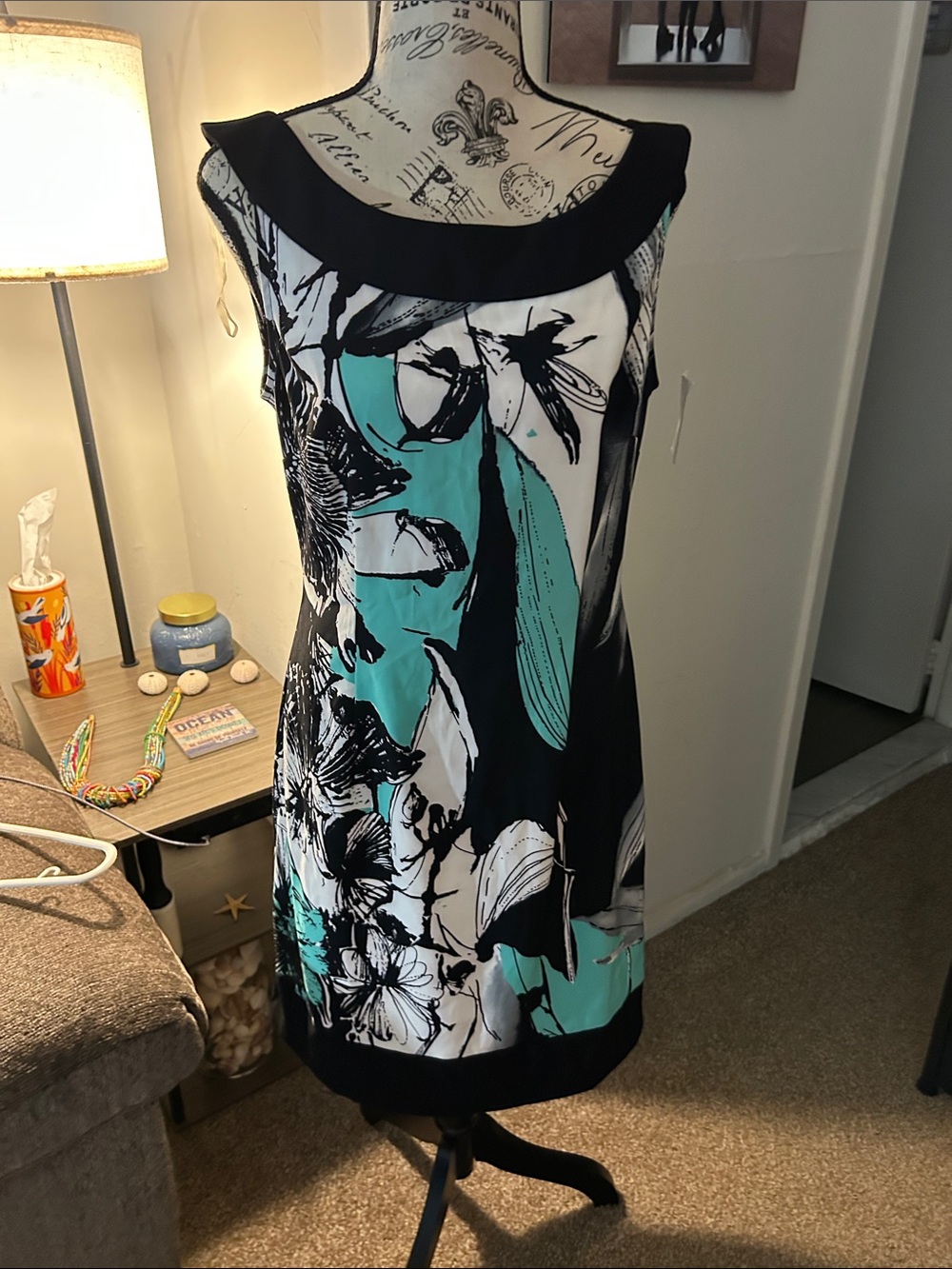 connected apparel Black White Teal Floral Midi Dress